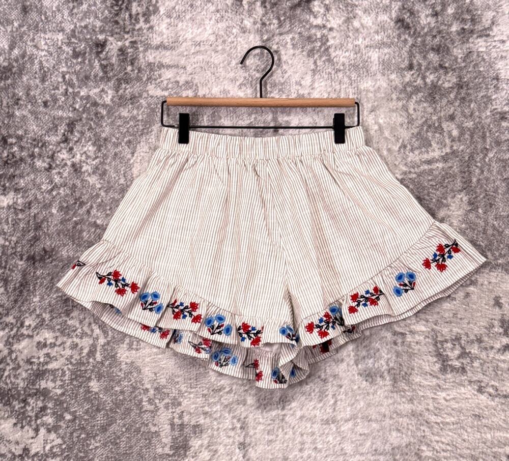 New Caroline Constas Shorts Small Womens Cotton Woven Ruffle Embroidered Floral